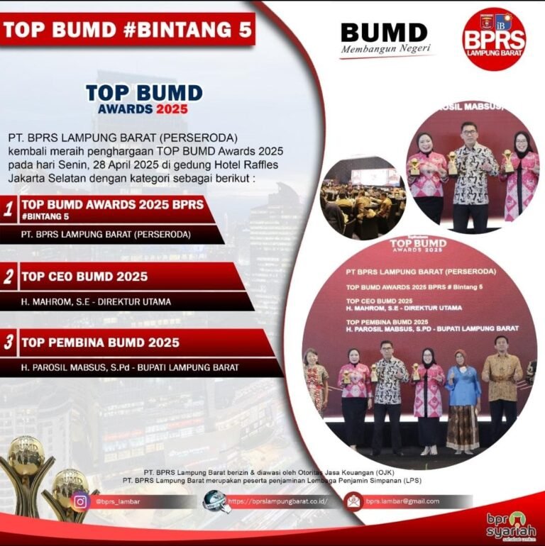 Bupati Parosil Mabsus Ucapkan Selamat Atas TOP BUMD Awards Bintang 5 yang Diraih PT. BPRS Lampung Barat
