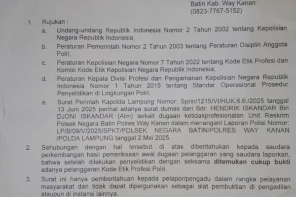 Ugal Ugalan Hentikan Kasus Percobaan Pembunuhan Anak, Oknum Polsek Negara Batin Polres Way Kanan Terbukti Langgar Profesi Etik Polri.