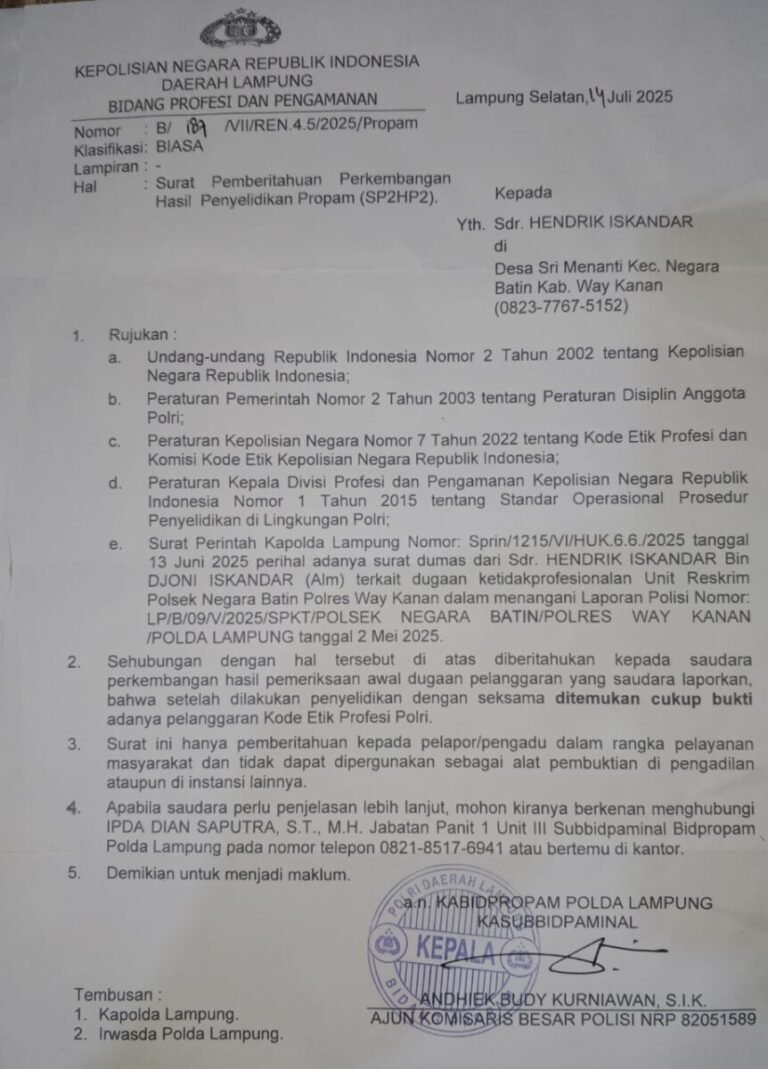 Ugal Ugalan Hentikan Kasus Percobaan Pembunuhan Anak, Oknum Polsek Negara Batin Polres Way Kanan Terbukti Langgar  Profesi Etik Polri.