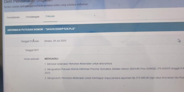 PTUN Palembang Menangkan JMI dalam Sengketa Informasi Publik Lawan Sekda OKU