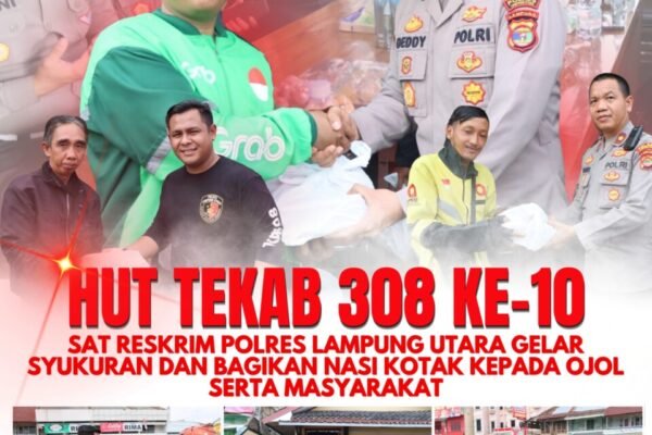 Hut Tekab 308 ke-10, Sat Reskrim Polres Lampung Utara Gelar Syukuran dan Bagikan Nasi Kotak Kepada Ojol serta Masyarakat