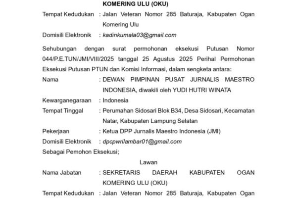 Tak Indahkan Surat Panggilan PTUN Tentang Putusan JMI VS Sekda, Pemkab Oku Terancam Di Laporkan Ke Presiden