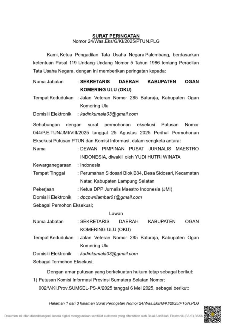 Tak Indahkan Surat Panggilan PTUN Tentang Putusan JMI VS Sekda, Pemkab Oku Terancam Di Laporkan Ke Presiden