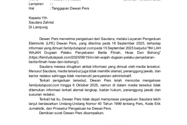 Dewan Pers Tegaskan Bukan Produk Jurnalistik, Pelapor Desak Cyber Polda Lampung Tangkap Pembuat Konten Fitnah dan Ujaran Kebencian